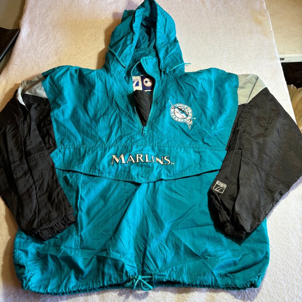 Vintage Florida Marlins MLB Jacket Windbreaker Teal Black Large Logo Athletic
